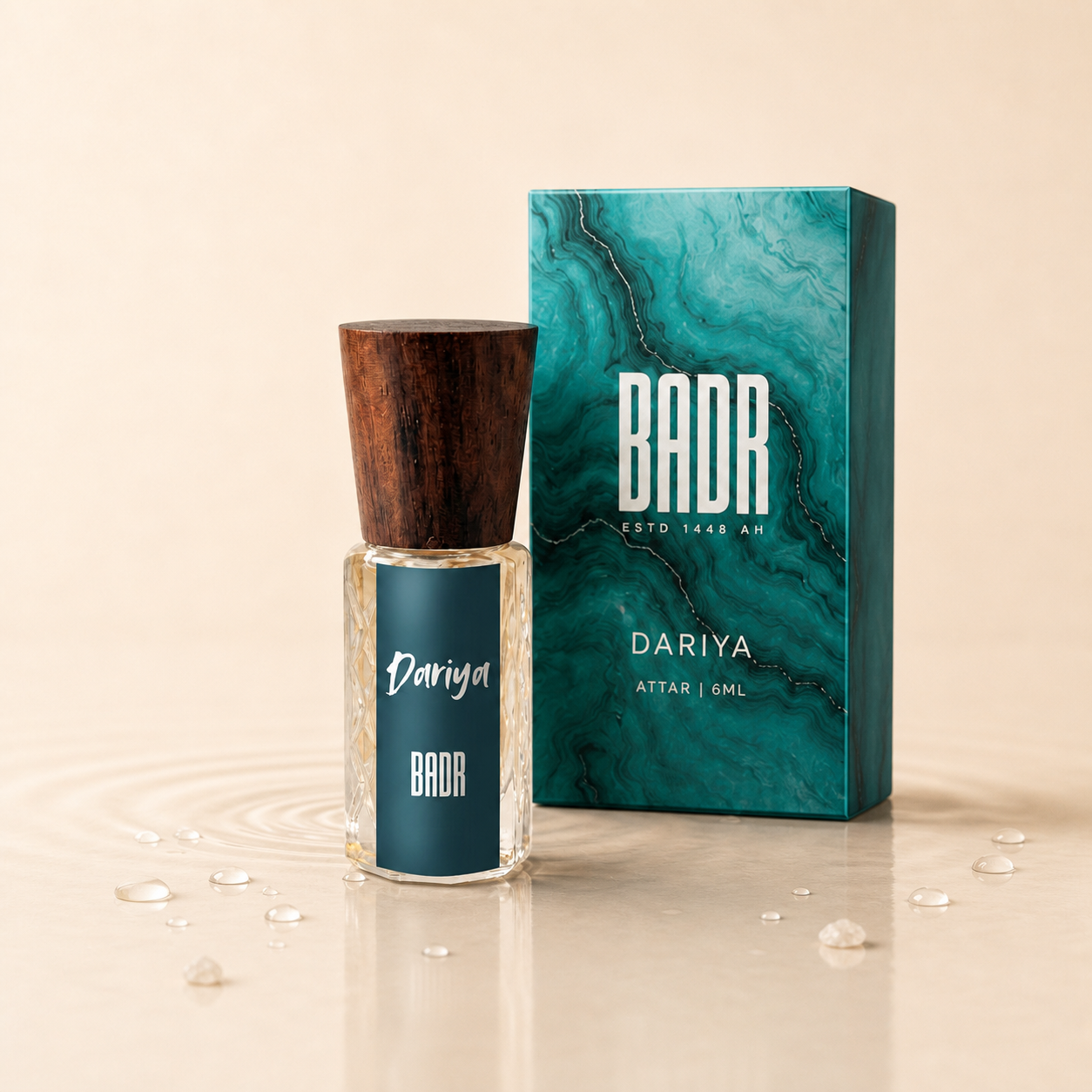 DARIYA attar bottle with its official box and scent ingredients