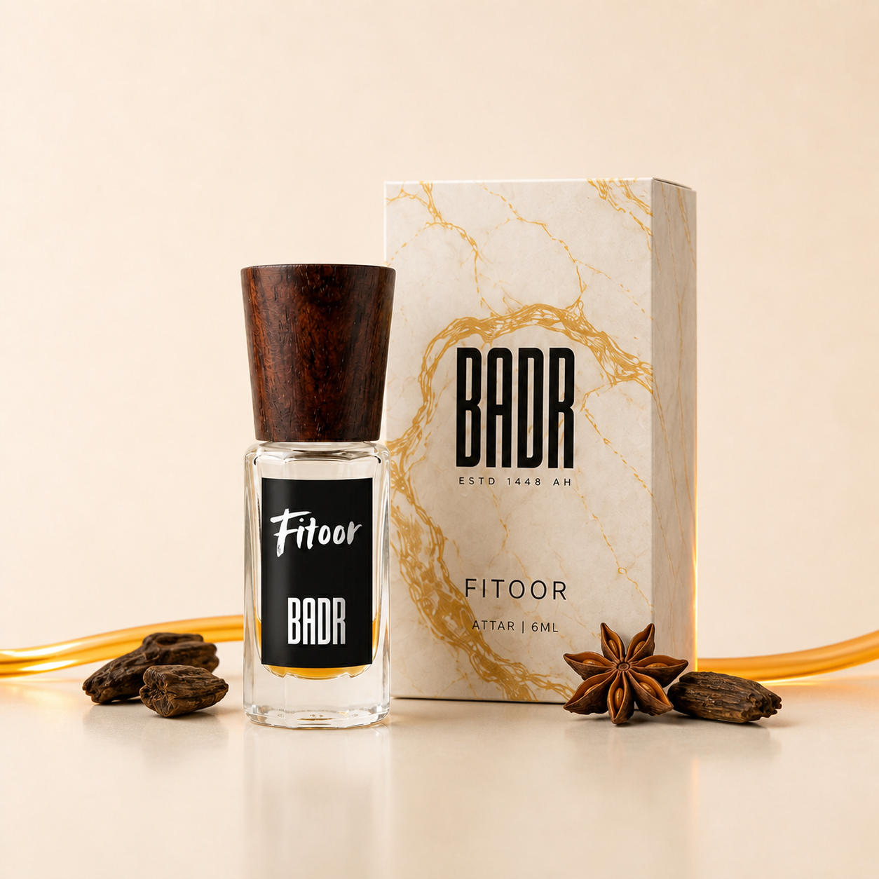 FITOOR attar bottle with its official box and scent ingredients