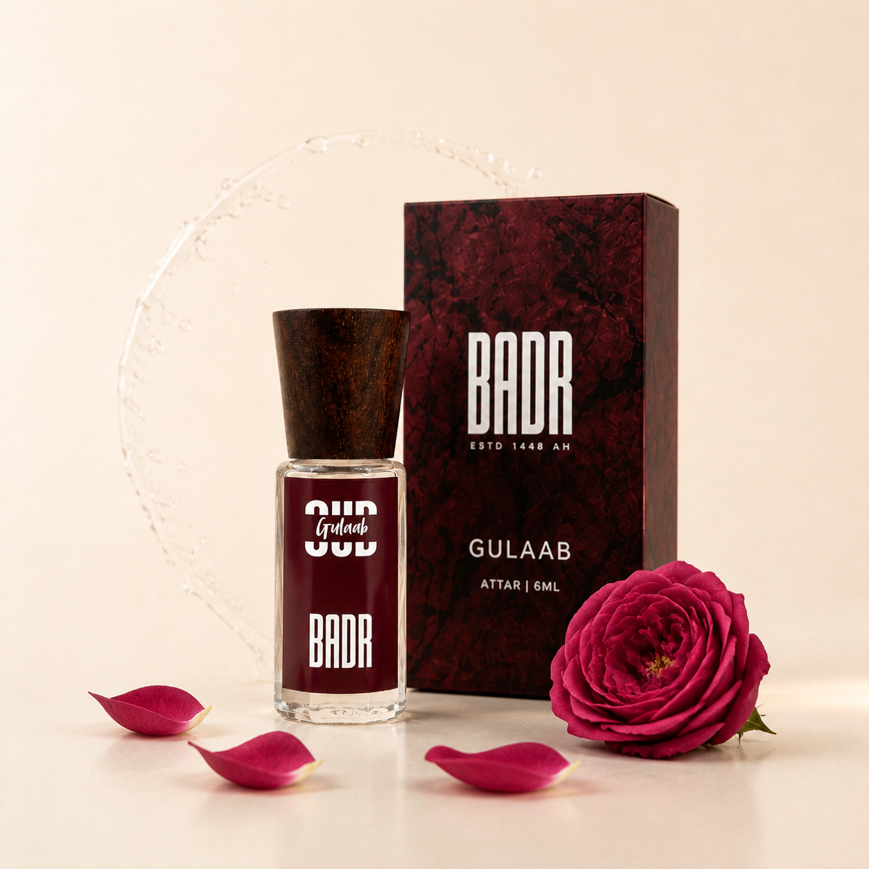 GULAAB attar bottle with its official box and scent ingredients