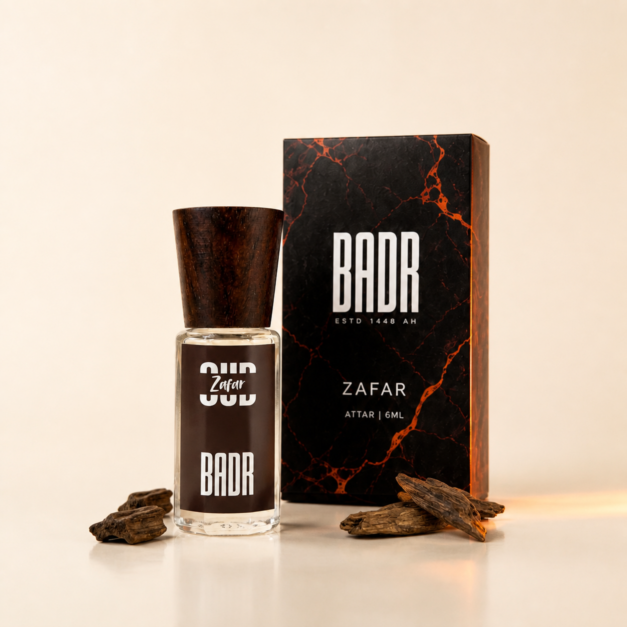 OUD ZAFAR attar bottle with its official box and scent ingredients