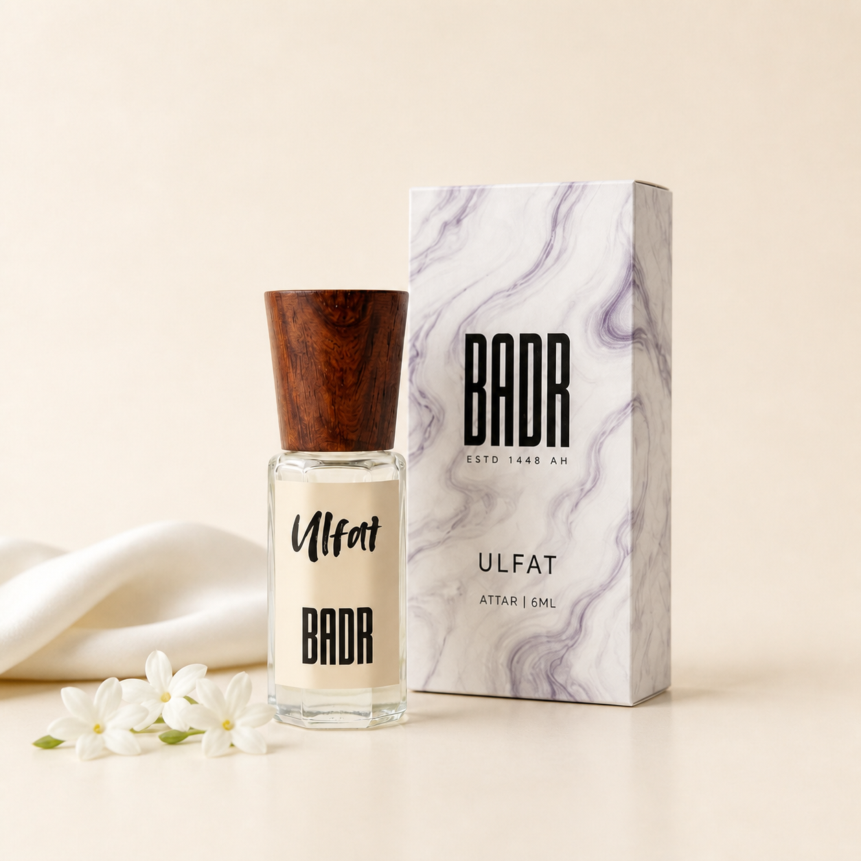 ULFAT attar bottle with its official box and scent ingredients